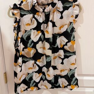 Ann Taylor Factory Black Sleeveless Floral Blouse with Cream and Mustard Accents